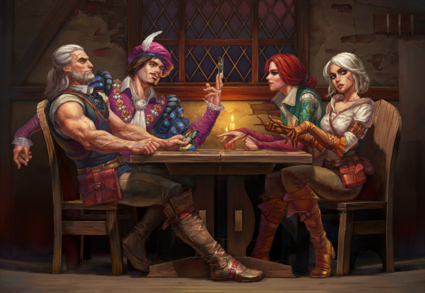 2boys 2girls beard belt boots brown_footwear brown_gloves brown_hair candle chair ciri commentary english_commentary facial_hair geralt_of_rivia gloves hat highres indoors julian_alfred_pankratz medium_hair multiple_boys multiple_girls nikita_volobuev on_chair purple_headwear red_hair sitting sleeveless table the_witcher_(series) triss_merigold white_hair