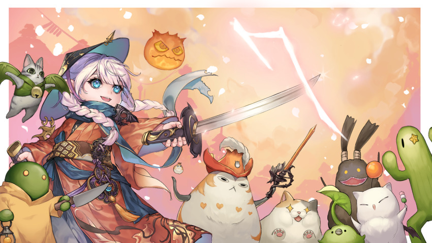 1girl blue_eyes bomb_(final_fantasy) braid canar closed_mouth coat dango day dress fat_cat_(ff14) fictional_persona final_fantasy final_fantasy_xiv floating floating_hair flying food gaelicat hat hat_feather height_difference highres holding holding_knife holding_sheath holding_sword holding_weapon japanese_clothes katana kimono knife korpokkur long_hair long_sleeves moogle obi open_mouth outdoors outstretched_arm paissa purple_dress red_mage_(final_fantasy) sabotender samurai samurai_(final_fantasy) sanshoku_dango sash scarf sheath skewer smile spriggan_(final_fantasy) standing sword teeth tonberry twin_braids unsheathed upper_teeth_only wagashi warrior_of_light_(ff14) weapon wide_sleeves