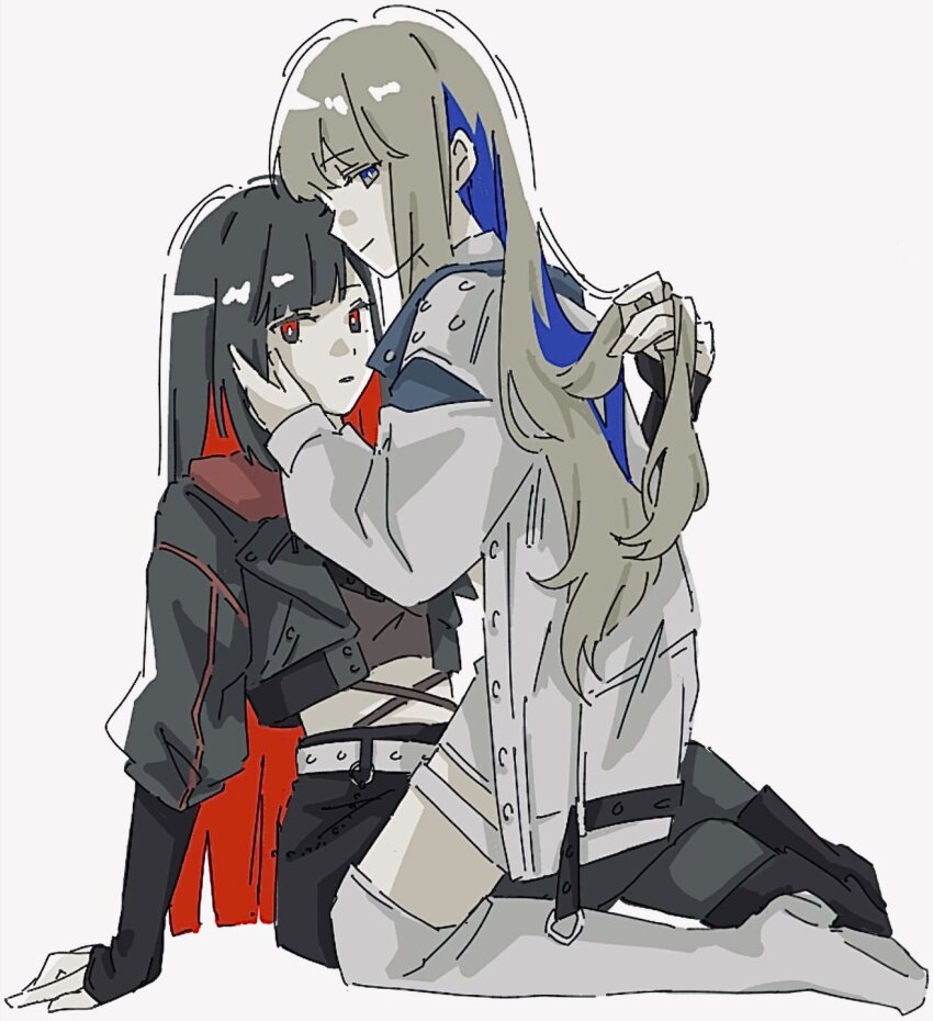 2girls azusawa_kohane belt black_eyes black_hair black_jacket black_skirt blue_eyes blue_hair boots closed_mouth colored_inner_hair commentary grey_hair hand_in_another&#039;s_hair hand_on_another&#039;s_face highres jacket long_hair long_sleeves looking_at_viewer multicolored_eyes multicolored_hair multiple_girls nyan_0326 official_alternate_costume official_alternate_hair_length official_alternate_hairstyle parted_lips project_sekai red_eyes red_hair shiraishi_an simple_background sitting sitting_on_lap sitting_on_person skirt sleeves_past_wrists smile symbol-only_commentary thigh_boots two-tone_eyes whip_the_wimp_girl!!_(project_sekai) white_background white_footwear white_jacket yuri