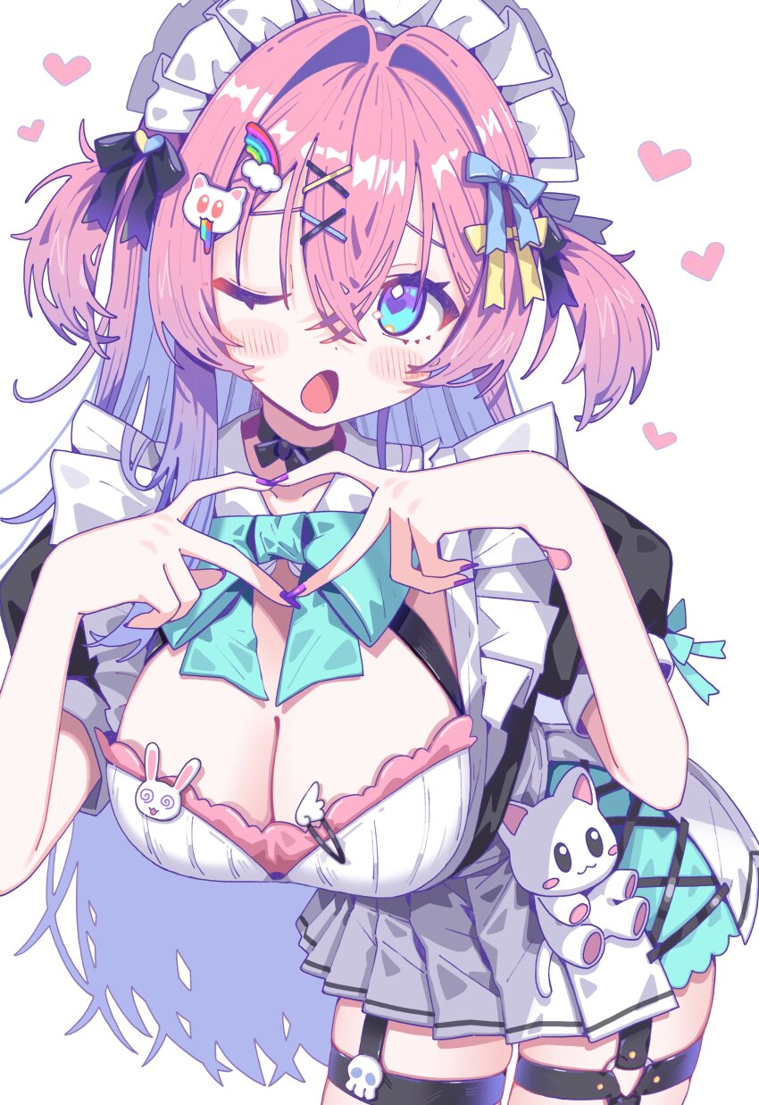 1girl absurdres aqua_bow aqua_bowtie black_bow blue_bow blue_eyes blush blush_stickers bow bowtie breasts cleavage hair_bow hair_ornament heart heart_hands highres large_breasts leaning_forward long_hair looking_at_viewer maid_headdress morumoru_x one_eye_closed open_mouth original pink_hair pleated_skirt rainbow_hair_ornament short_sleeves simple_background skirt solo stuffed_animal stuffed_cat stuffed_toy thigh_strap two_side_up white_background white_headdress white_skirt x_hair_ornament
