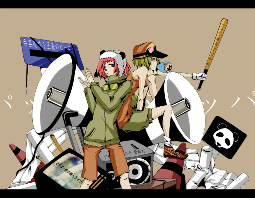 2girls bags_under_eyes baseball_bat brown_shoes brown_shorts brown_tank_top commentary_request crt feet_out_of_frame gloves goggles goggles_around_neck green_eyes green_hair green_jacket green_shorts gumi holding holding_baseball_bat jacket letterboxed looking_afar looking_at_viewer megaphone multiple_girls open_mouth oto_o10 panda_hat panda_hero_(vocaloid) pink_hair road_sign shoes short_hair shorts sign sitting standing tank_top television traffic_cone translation_request vocaloid white_gloves