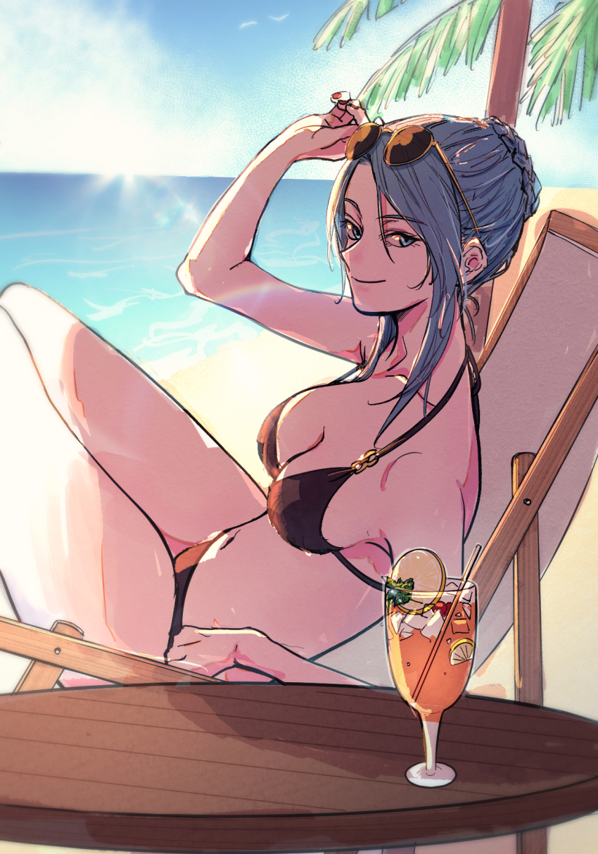 1girl beach beach_chair bikini black_bikini blue_eyes blue_hair braid breasts cleavage collarbone commentary_request day drinking_straw eyewear_on_head hanamura_shiki hand_up heaven_burns_red highres kulfiq large_breasts looking_at_viewer navel ocean on_chair outdoors palm_tree sitting sky smile solo stomach sunglasses swimsuit table tree tropical_drink water wooden_table