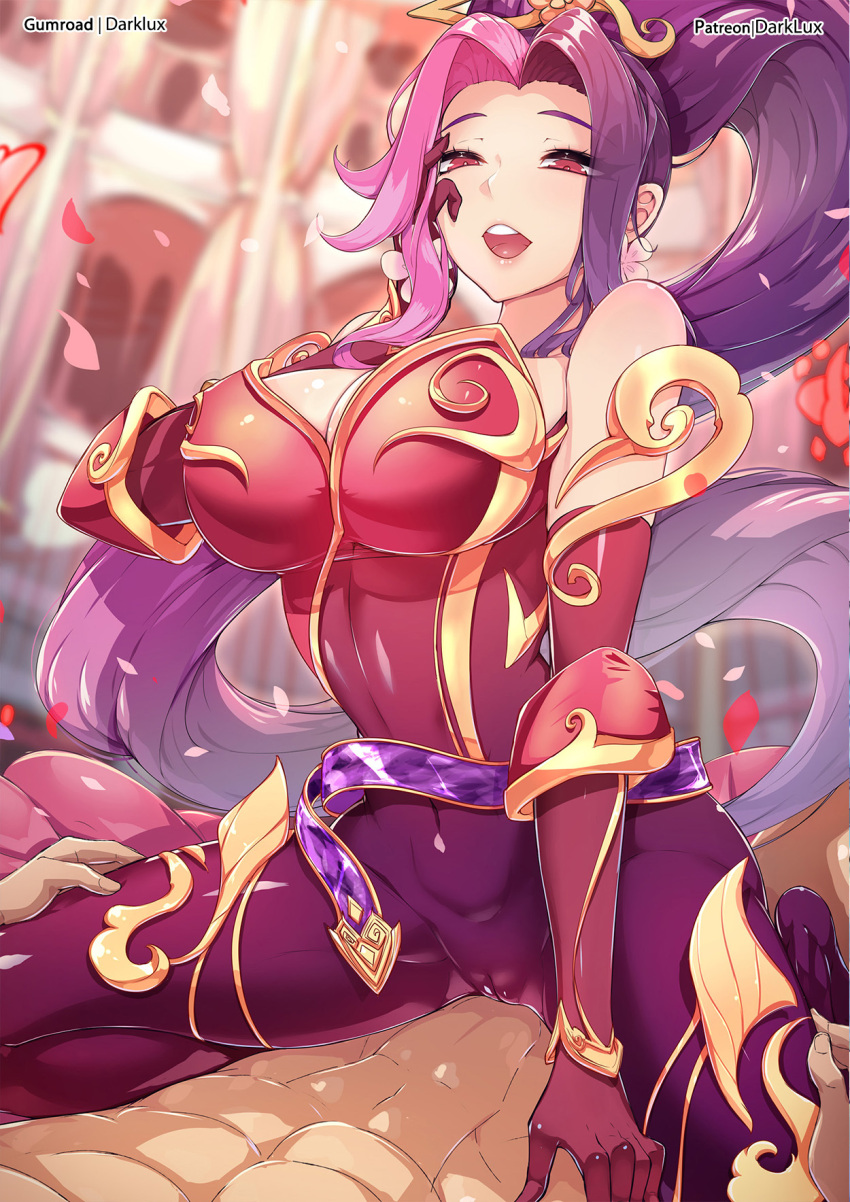 1boy 1girl :d abs artist_name bare_shoulders blurry blurry_background bodysuit breasts cleavage darklux grey_hair hand_up hetero highres large_breasts league_of_legends long_hair open_mouth parted_hair petals pink_hair ponytail prestige_mythmaker_sivir purple_hair red_bodysuit red_eyes shiny_clothes shiny_skin sitting sivir smile teeth tongue upper_teeth_only very_long_hair