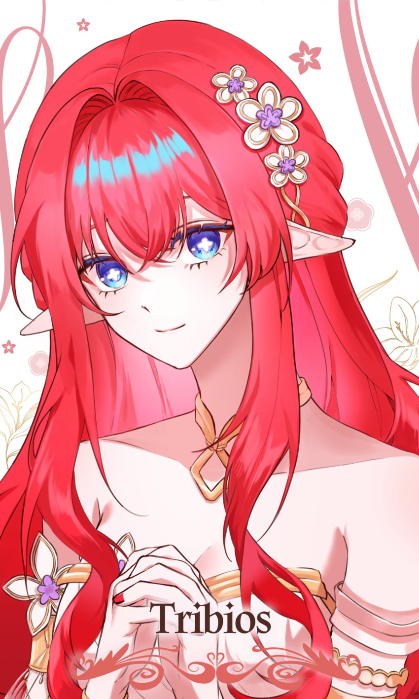 1girl absurdres ancient_greek_clothes armlet bare_shoulders blue_eyes breasts character_name closed_mouth collarbone dress fingernails floral_background flower flower-shaped_pupils flower_ornament gold_armlet gold_necklace gold_trim greco-roman_clothes hair_between_eyes hair_flower hair_ornament hands_up heart highres honkai:_star_rail honkai_(series) jewelry long_hair looking_at_viewer medium_breasts nail_polish necklace own_hands_together pointy_ears red_hair red_nails sidelocks sleeveless sleeveless_dress smile solo strapless strapless_dress symbol-shaped_pupils tribios_(honkai:_star_rail) upper_body white_background white_dress white_flower yuseol_art