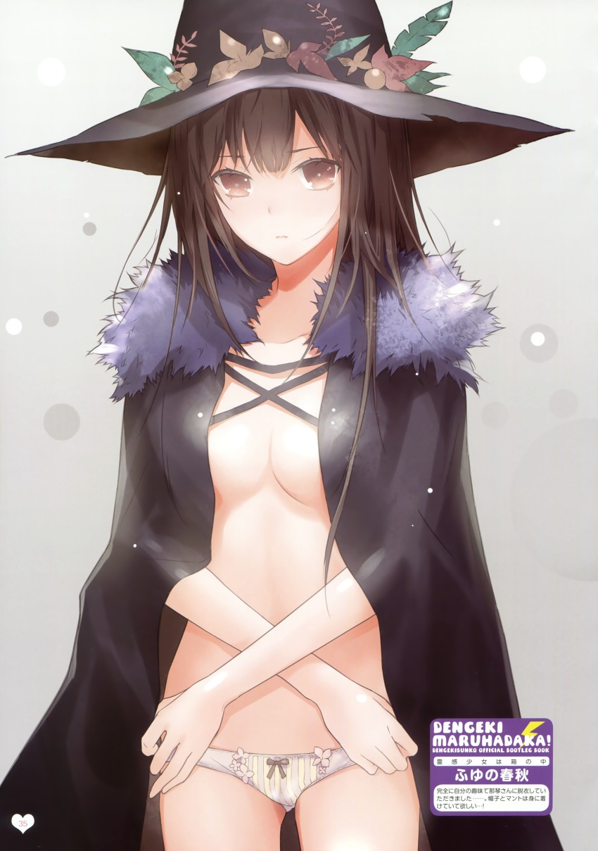 1girl absurdres artist_name bow bow_panties breasts brown_eyes brown_hair cape collarbone expressionless female_focus fur_trim fuyuno_haruaki gradient_background hat highres lips long_hair looking_at_viewer medium_breasts original page_number panties scan solo underwear witch_hat