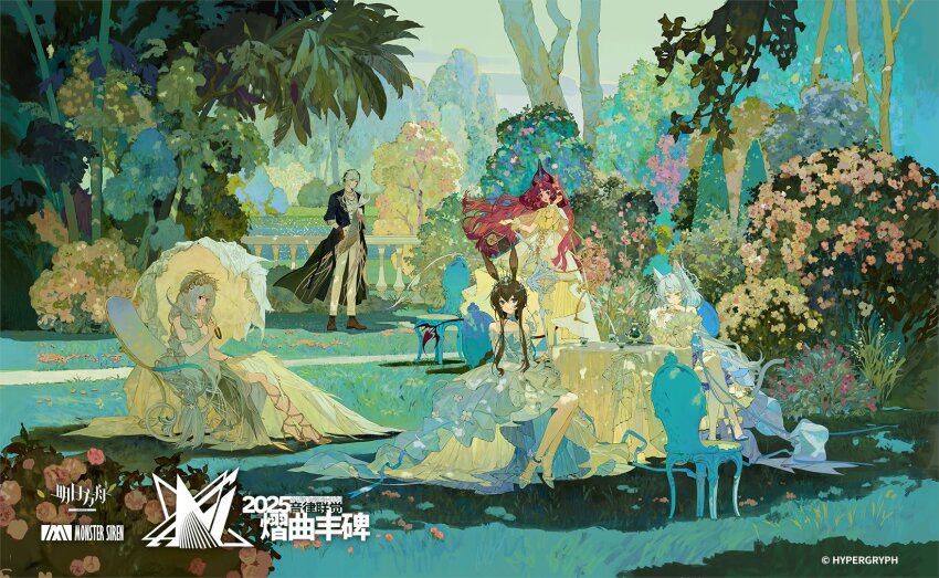 1boy 4girls animal_ears bare_legs black_coat black_hair blue_shoes bush chair coat copyright_request dress flower highres long_hair multiple_girls outdoors pink_flower plant rabbit_ears red_hair shoes short_hair table tree white_dress white_hair xiaoquandianer yellow_flower
