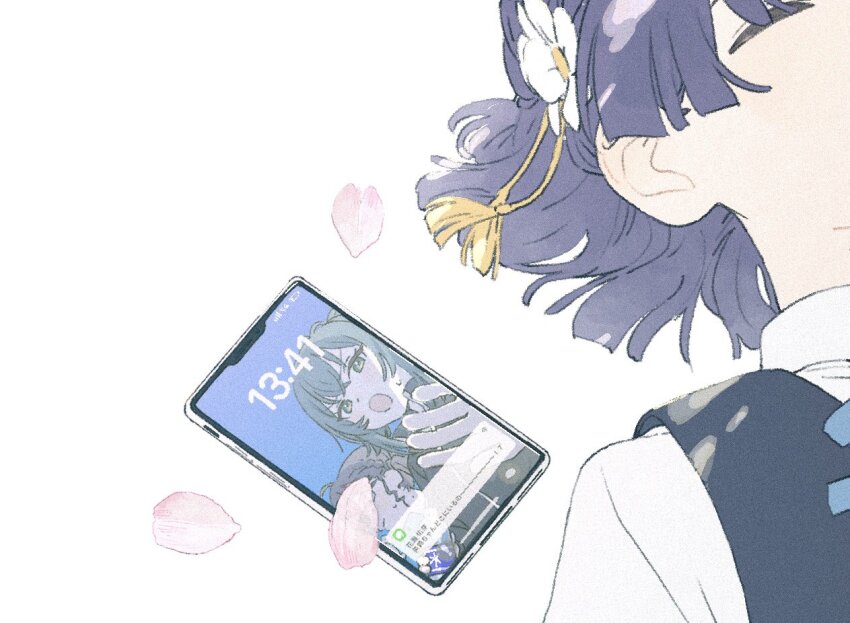 3girls blue_vest cellphone cellphone_photo closed_eyes flower gakuen_idolmaster hair_flower hair_ornament hataya_misuzu idolmaster kaya_rinha multiple_girls out_of_frame petals phone purple_hair shirt short_hair simple_background smartphone solo_focus tenoo12 text_messaging tsukimura_temari vest white_background white_shirt