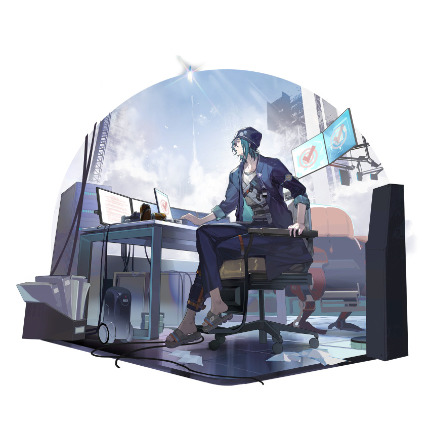 1boy artist_request beanie binder black_eyes black_hair can chair computer exhaust from_side full_body game_cg girls&#039;_frontline girls&#039;_frontline_neural_cloud green_hair hat headphones highres jacket launch_pad looking_at_screen male_focus monitor newspaper official_art on_chair open_clothes open_jacket pants rocket sandals sitting solo third-party_source transparent_background yuwang_(neural_cloud)
