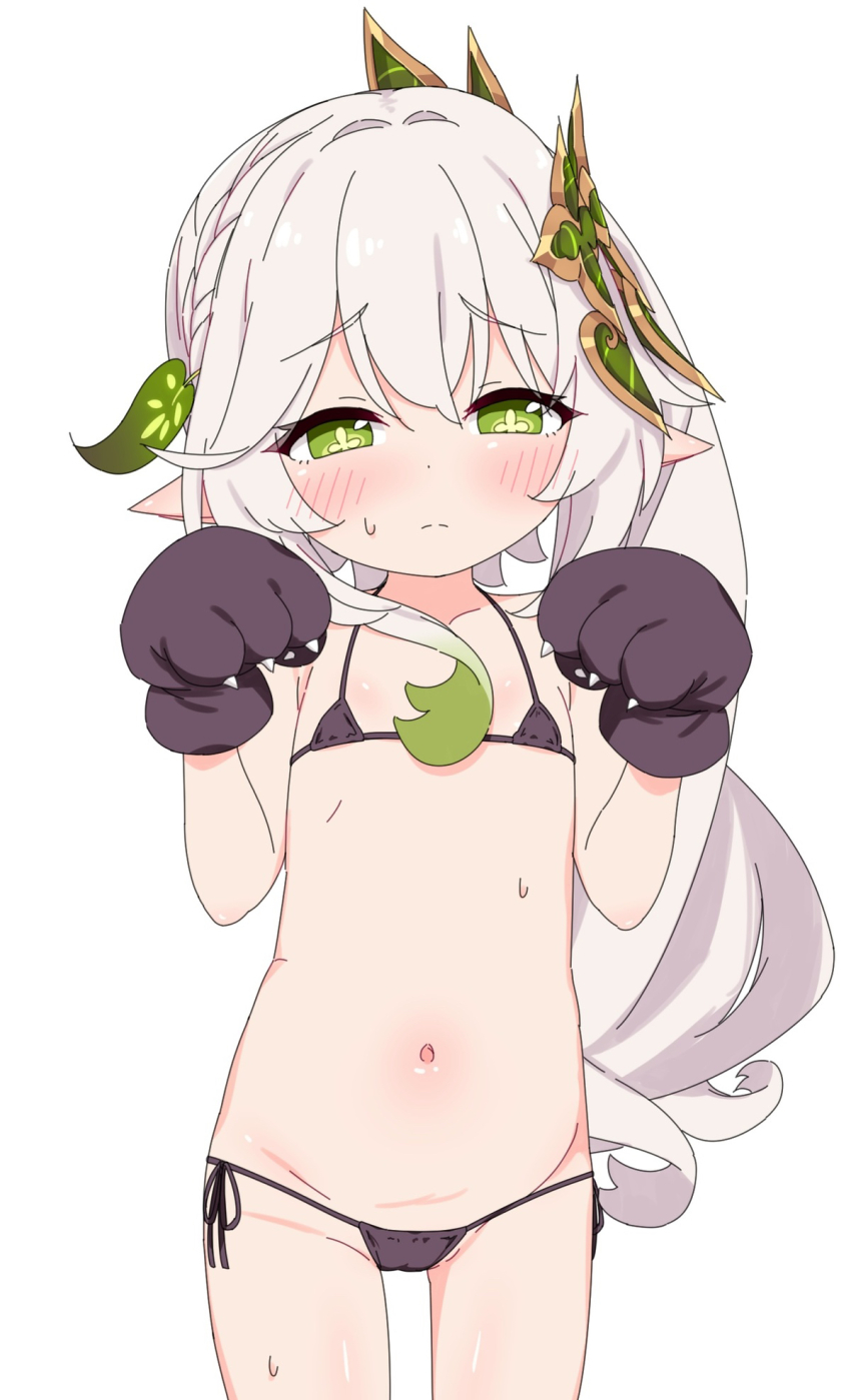 +_+ 1girl animal_hands azbchan1221 bikini black_bikini blush feet_out_of_frame genshin_impact gloves green_eyes highres loli long_hair micro_bikini nahida_(genshin_impact) navel paw_gloves paw_pose pointy_ears side-tie_bikini_bottom side_ponytail simple_background solo string_bikini swimsuit white_background white_hair