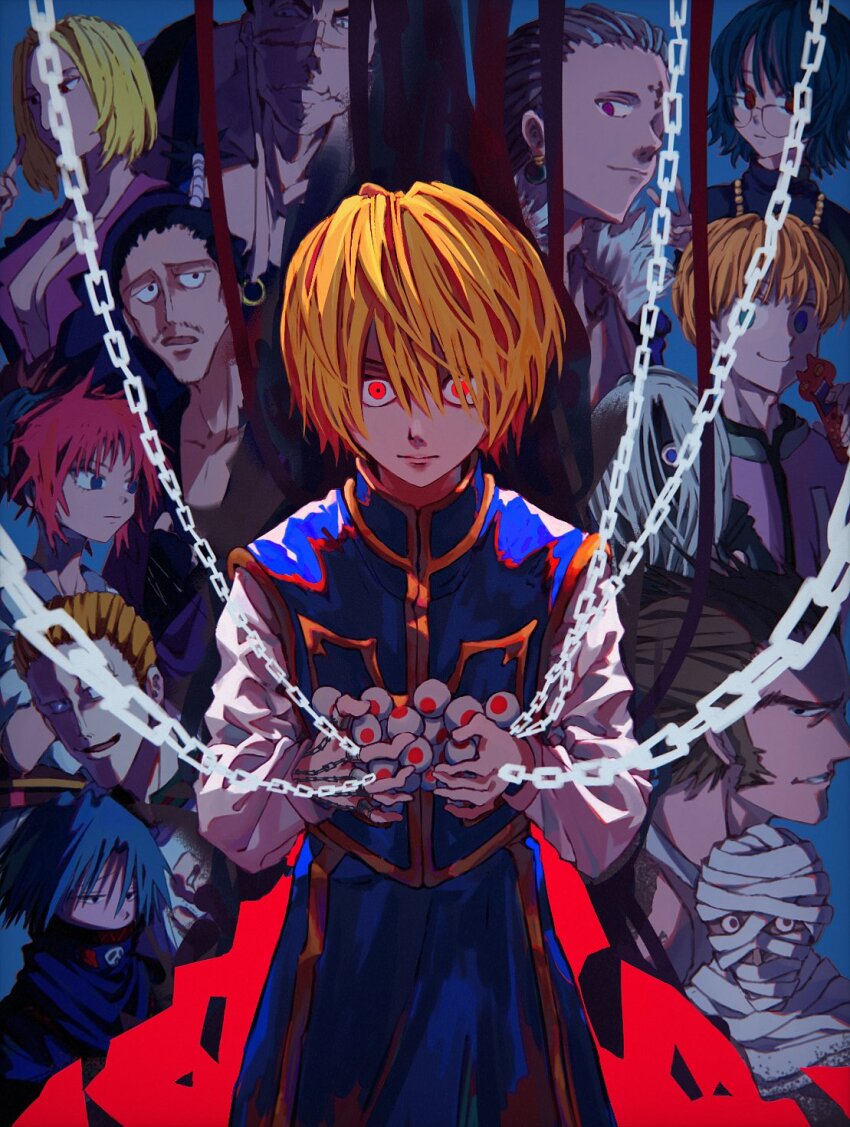 3girls 6+boys angry black_eyes black_hair blonde_hair bonolenov_ndongo chain chrollo_lucilfer cross_tattoo eyes_in_shadow feet_out_of_frame feitan_portor franklin_bordeau furious glasses highres holding_eyeball hunter_x_hunter korutopi kurapika long_sleeves machi_komacine male_focus multiple_boys multiple_girls nobunaga_hazama pakunoda phinks_magcub red_eyes scar shalnark shirt shizuku_murasaki short_hair sideways_glance skull_print smile tattoo uvogin white_shirt wide-eyed
