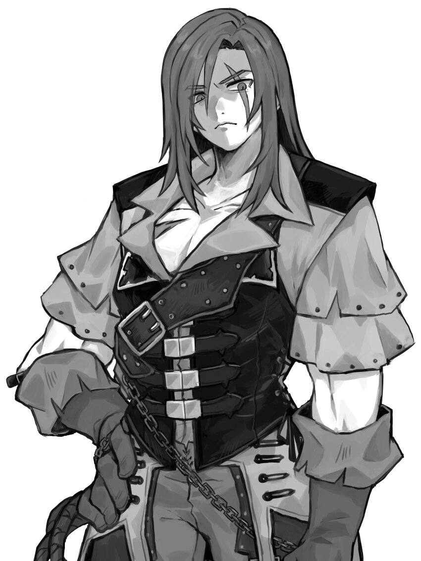 1boy absurdres belt castlevania:_curse_of_darkness castlevania_(series) castlevania_iii:_dracula&#039;s_curse coat gloves hand_on_own_hip highres ikayaki_hd3 long_hair looking_at_viewer male_focus monochrome pectorals scar scar_across_eye scar_on_chest scar_on_face shaded_face simple_background solo tearing_up trench_coat trevor_c._belmont weapon whip white_background