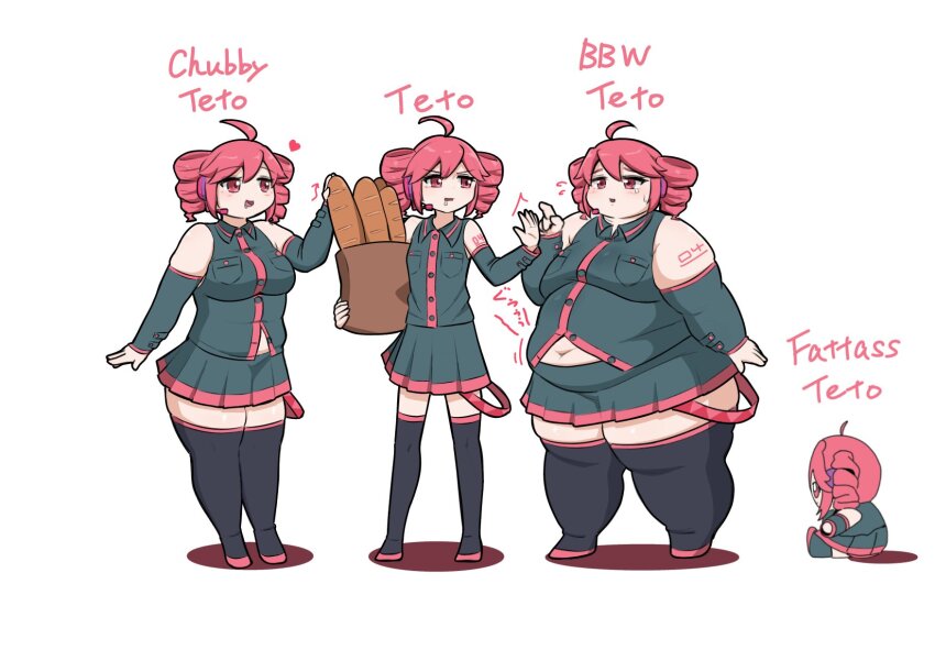 1girl ahoge alternate_body_size an_(an_chang) baguette black_sleeve_cuffs bread breasts character_doll collared_shirt detached_sleeves drill_hair drooling fat fat_woman flat_chest food fumo_(doll) hair_between_eyes headphones heart highres kasane_teto kasane_teto_(utau) long_sleeves medium_breasts obese plump red_eyes red_hair red_trim shirt simple_background size_difference skirt stomach_growling thick_arms thick_thighs thighs twin_drills utau white_background