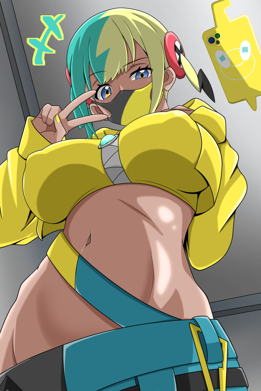 absurdres bandana bandeau breasts canari_(pokemon) gen_4_pokemon highres large_breasts looking_at_viewer mask multicolored_hair multicolored_mask multicolored_pants navel nintendo pants pokemon pokemon_legends:_z-a rotom rotom_phone short_hair takaiwaeitoku twintails two-tone_mask two-tone_pants v yellow_bandana yellow_nails zipper