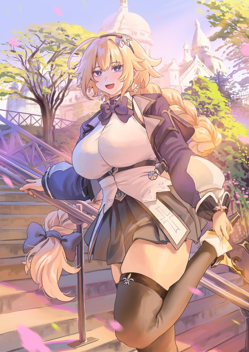1girl :d absurdres aochoku black_skirt black_thighhighs blonde_hair blue_eyes braid braided_ponytail breasts castle commentary earrings fate/apocrypha fate/grand_order fate_(series) hand_on_railing high_heels highres jacket jeanne_d&#039;arc_(fate) jewelry large_breasts long_hair looking_at_viewer miniskirt open_clothes open_jacket open_mouth outdoors purple_jacket shirt single_braid skirt smile solo stairs standing standing_on_one_leg stone_stairs symbol-only_commentary thighhighs tree very_long_hair white_shirt