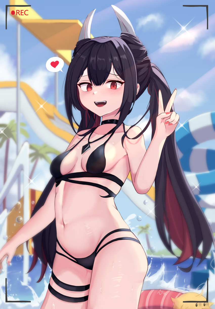 1girl absurdres aj_gtv azur_lane bikini black_bikini black_choker black_hair breasts breasts_apart choker collarbone colored_inner_hair cowboy_shot day demon_horns double-parted_bangs hair_intakes hatsuzuki_(august&#039;s_first_romance)_(azur_lane) hatsuzuki_(azur_lane) heart highres horns jewelry light_blush manjuu_(azur_lane) multi-strapped_bikini_bottom multicolored_hair nail_polish navel necklace open_mouth outdoors petite red_eyes red_hair red_nails small_breasts smile spoken_heart standing swimsuit thigh_strap v viewfinder waterpark