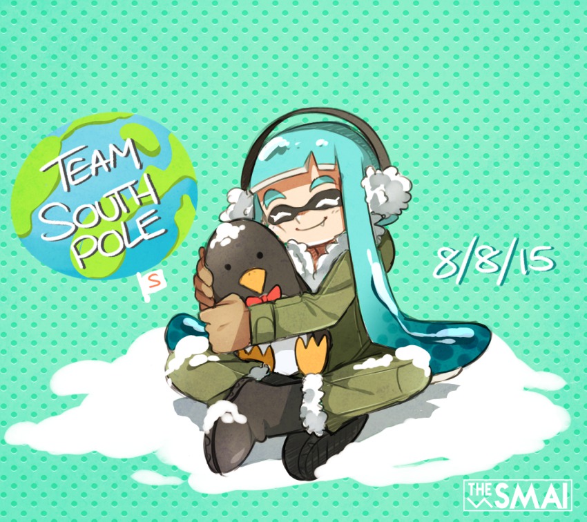 ._. 1girl alternate_costume aqua_hair artist_name bad_id bad_tumblr_id bird boots bow bowtie cheek-to-cheek closed_eyes crossed_legs earmuffs flag globe gloves heads_together hug indian_style inkling inkling_girl inkling_player_character long_hair nintendo penguin polka_dot polka_dot_background sami_(artist) sami_briggs sitting smile snow splatoon_(series) splatoon_1 tentacle_hair thick_eyebrows