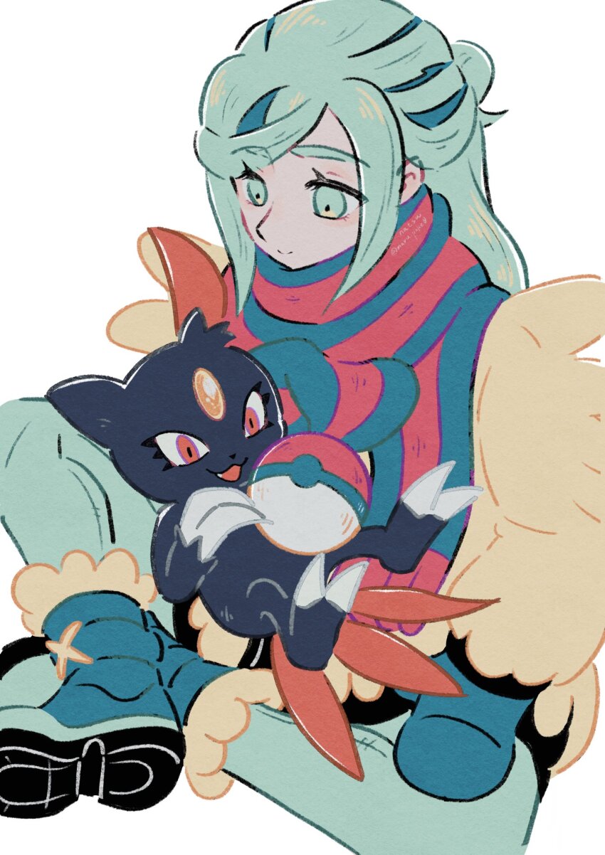 1boy :3 black_fur blue_eyes blue_hair blue_mittens blue_pants blue_scarf claws conachun eyelashes fang feathers fluffy forehead_jewel game_freak gen_2_pokemon grusha_(pokemon) highres jacket long_hair long_sleeves looking_at_another male_focus mittens nintendo open_mouth pants poke_ball pokemon pokemon_(creature) pokemon_sv red_eyes red_feathers red_scarf scarf simple_background sneasel striped_clothes striped_scarf two-tone_scarf white_background yellow_jacket