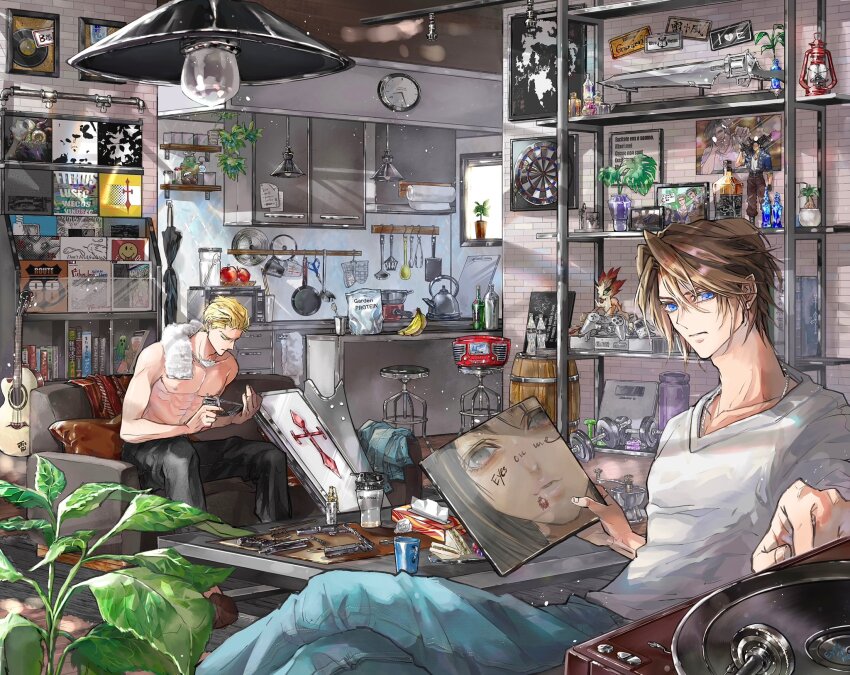2boys alcohol apple banana bar_stool barrel black_pants blonde_hair blue_eyes blue_pants book bottle brown_hair chain chain_necklace clock closed_eyes coffee_table couch crossed_legs cup cupboard cutting_board dartboard denim dumbbell edea_kramer eni_(yoyogieni) figure final_fantasy final_fantasy_viii food fruit fuujin_(ff8) game_console grey_eyes guitar gun gunblade hair_between_eyes hair_slicked_back highres holding_record indoors instrument jeans jewelry kettle kitchen ladle laguna_loire lantern light light_bulb male_focus microwave moomba multiple_boys muscular muscular_male necklace on_couch pants paper_towel paper_towel_holder phonograph pillow plant playstation_1 playstation_controller radio raijin_(ff8) rinoa_heartilly sabotender scar scar_on_face scar_on_forehead seifer_almasy shelf shirt short_hair sitting spatula squall_leonhart stool table tea tissue_box tongs topless_male towel towel_around_neck v-neck vinyl_record weapon whiskey white_shirt window