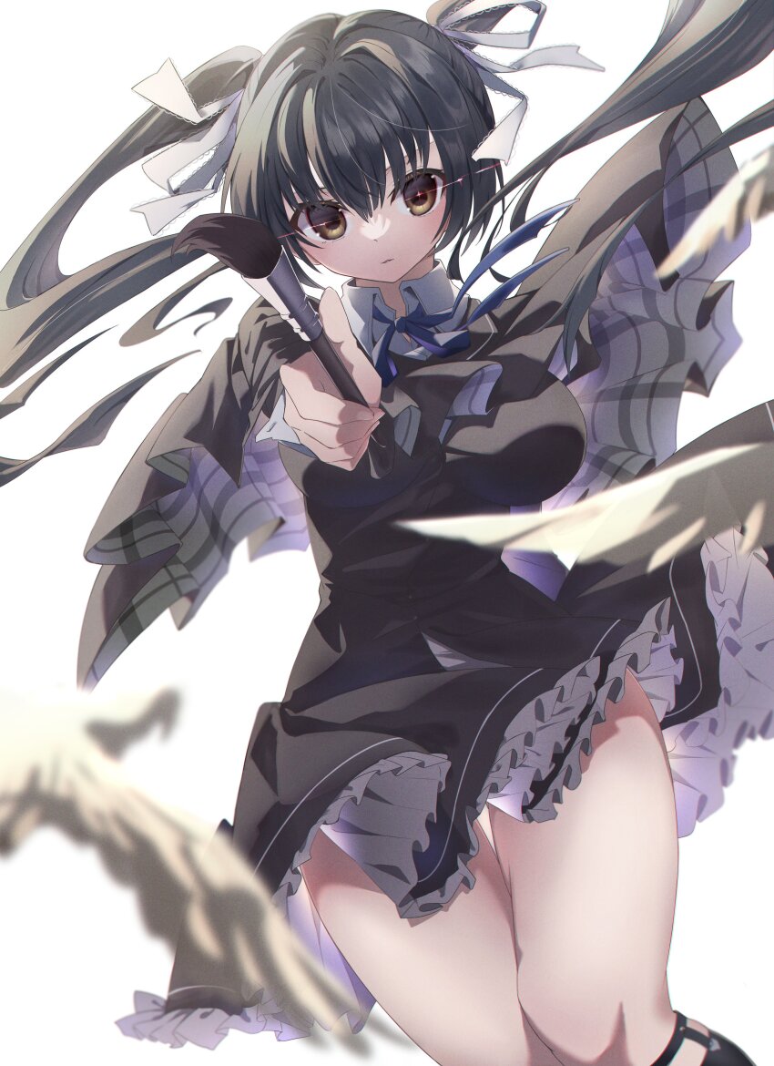 1girl absurdres bird black_capelet black_dress black_hair blue_ribbon blurry blush breasts brown_eyes capelet collared_shirt commentary_request depth_of_field dress dutch_angle eyebrows_hidden_by_hair feet_out_of_frame floating_clothes floating_hair frilled_dress frills gabanborjarnon glowing glowing_eyes hair_between_eyes hair_intakes hair_ribbon hand_up highres holding holding_brush honma_misuzu impossible_clothes large_breasts long_hair looking_at_viewer parted_lips ribbon sakura_no_toki sakura_no_uta shirt short_dress simple_background solo thigh_gap thighs twintails white_background white_bird white_ribbon white_shirt wind