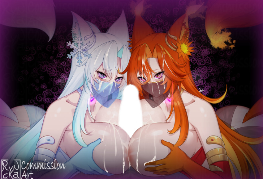 1boy 2girls @_@ ass bare_shoulders blue_gloves blue_hair breast_press breasts censored choker collarbone commentary commission cooperative_paizuri cum cum_on_body cum_on_breasts cum_on_hair cum_on_upper_body elbow_gloves english_commentary facial ffm_threesome fox_girl gloves glowing glowing_heart glowing_penis group_sex hair_ornament hetero highres huge_breasts hypnosis indie_virtual_youtuber large_variant_set long_hair looking_at_viewer mind_control mouth_veil multicolored_hair multiple_girls orange_hair orange_tail paizuri penis ryncka smug_alana snowflake_hair_ornament symmetrical_docking teamwork_(sexual) threesome two-tone_hair variant_set veil virtual_youtuber white_hair white_tail