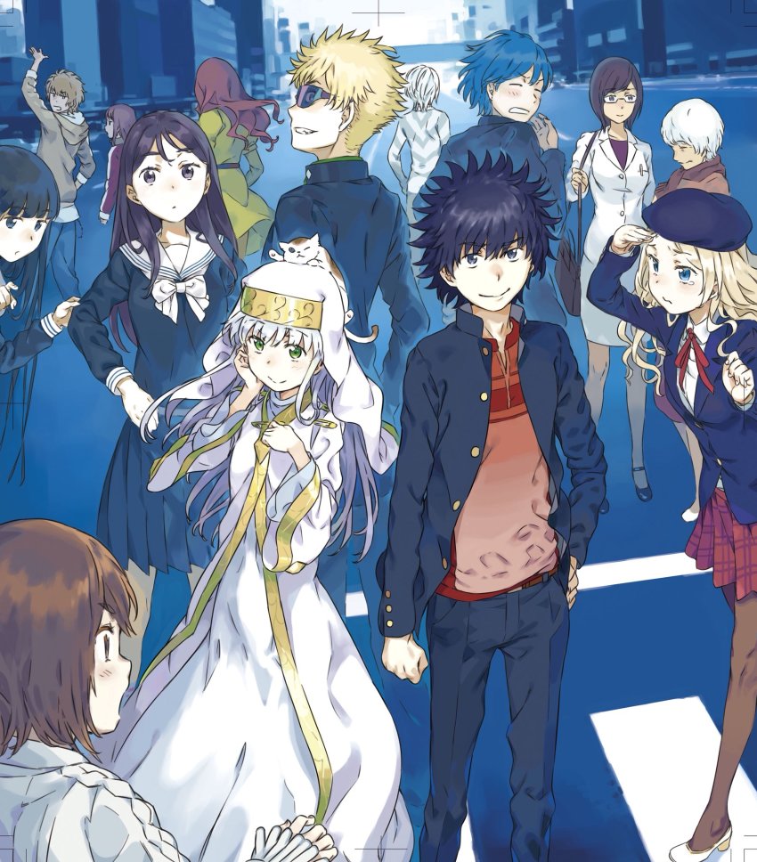 5boys 6+girls accelerator_(toaru_majutsu_no_index) animal animal_on_head aogami_pierce bag beret black_hair blonde_hair blue_eyes blue_hair blunt_bangs blush brown_eyes brown_hair brown_legwear calico_(pattern) calico_cat cat cat_on_head clenched_hand closed_eyes crosswalk frenda_seivelun fukiyose_seiri gakuran glasses green_eyes habit haimura_kiyotaka hamazura_shiage hand_on_own_cheek hand_on_own_chest hand_on_own_face hand_on_own_hip hat highres hime_cut himegami_aisa index_(toaru_majutsu_no_index) jacket kamijou_touma loafers long_hair long_sleeves looking_afar looking_at_another looking_at_viewer miniskirt mugino_shizuri multiple_boys multiple_girls neck_ribbon nun on_head one_eye_closed open_clothes open_jacket open_mouth outdoors oyafune_monaka oyafune_suama pantyhose pencil_skirt plaid_clothes plaid_skirt pleated_skirt red_ribbon ribbon safety_pin scarf school_uniform searching serafuku shirt shoes shoulder_bag skirt sphinx_(toaru_majutsu_no_index) spiked_hair striped_clothes striped_shirt sunglasses sweater t-shirt takitsubo_rikou tearing_up toaru_kagaku_no_railgun toaru_majutsu_no_index toaru_majutsu_no_index:_old_testament track_suit tsuchimikado_motoharu very_long_hair wavy_hair white_footwear white_hair wide_sleeves