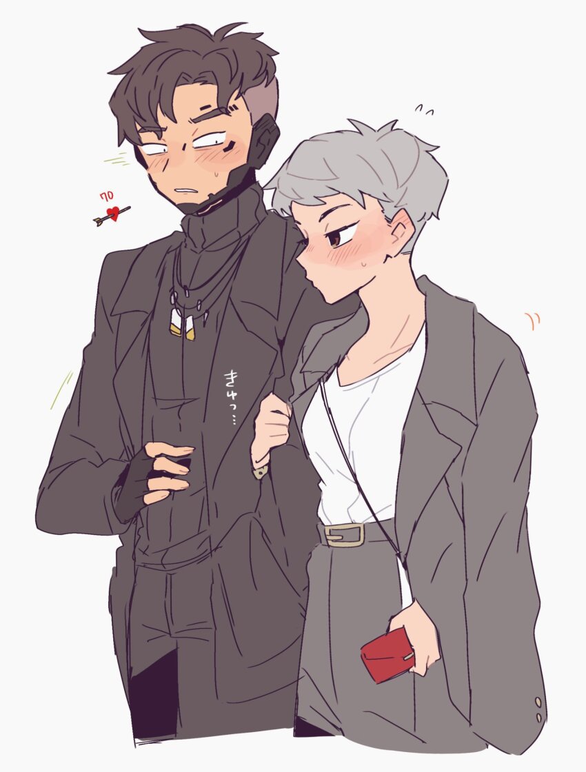 1boy 1girl adapted_costume animification apex_legends arrow_through_heart black_eyes black_gloves black_pants black_sweater blush breasts brown_eyes collarbone crypto_(apex_legends) fingerless_gloves gloves grey_background grey_hair grey_jacket grey_shirt hetero highres holding_another&#039;s_arm jacket jacket_on_shoulders jewelry medium_breasts necklace nojima_minami pants ribbed_sweater sanpaku shirt sweater the_hired_gun_crypto turtleneck turtleneck_sweater valkyrie_(apex_legends)