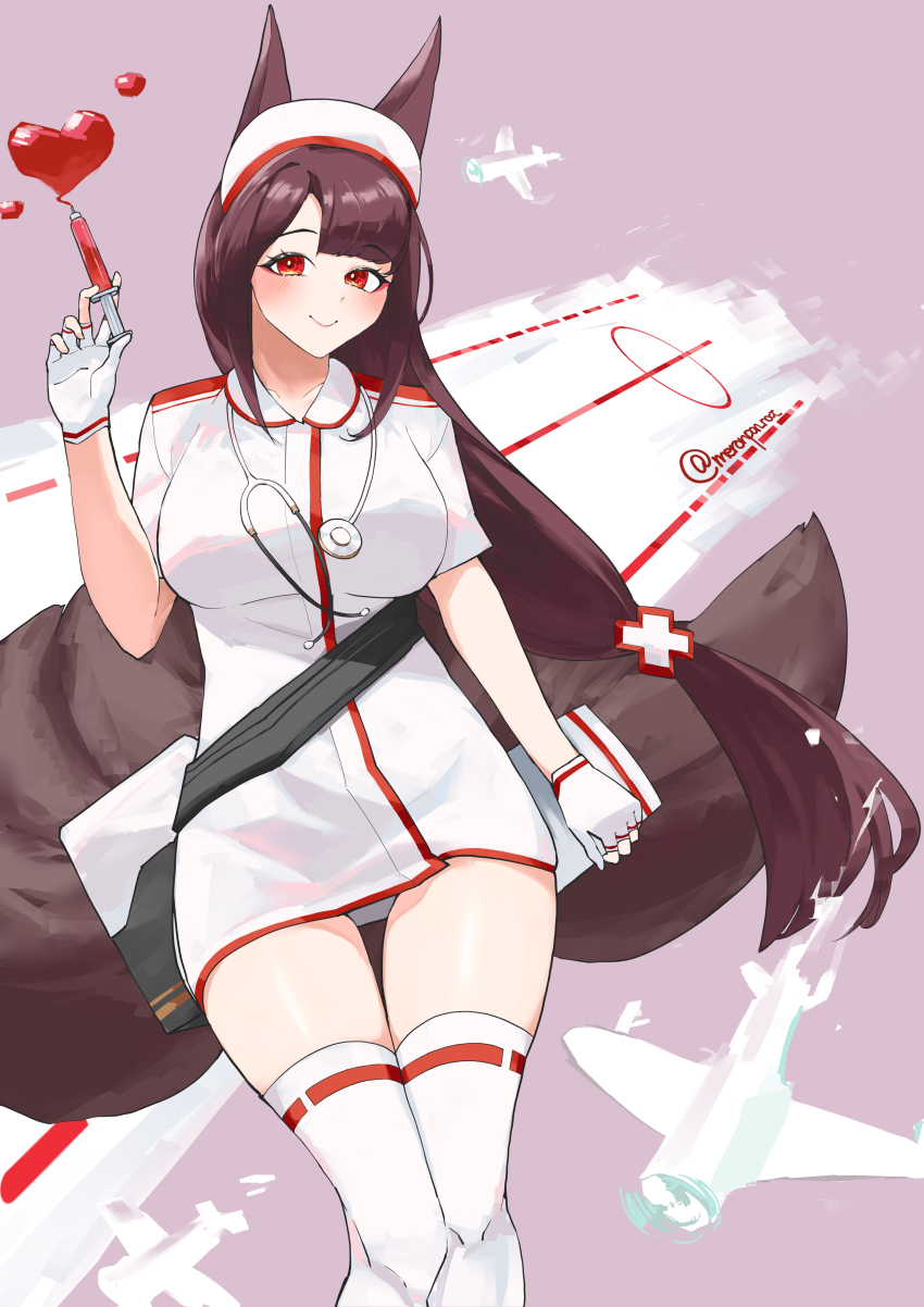1girl absurdres akagi_(azur_lane) animal_ears azur_lane brown_hair brown_tail clipboard dress flight_deck highres holding holding_syringe kitsune large_tail long_hair looking_at_viewer multiple_tails nocturnal_melonpan nurse pink_background red_eyes short_sleeves simple_background solo standing stethoscope syringe tail thighhighs white_dress white_thighhighs