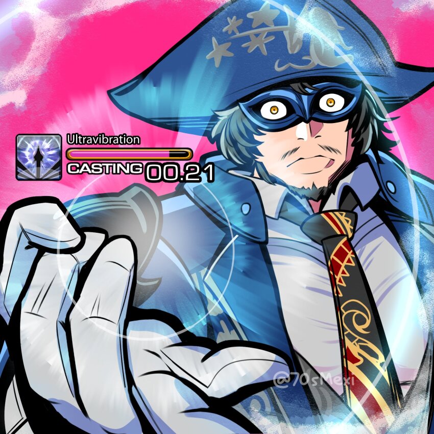 1boy beard black_hair blue_hat blue_mage_(final_fantasy) blue_suit dress_shirt eye_mask facial_hair final_fantasy final_fantasy_xiv flick formal_clothes gameplay_mechanics gloves gojou&#039;s_imaginary_technique hat highres hyur looking_at_viewer martyn_(ff14) necktie pink_background shirt small_pupils suit that_70s_mexi white_gloves yellow_eyes