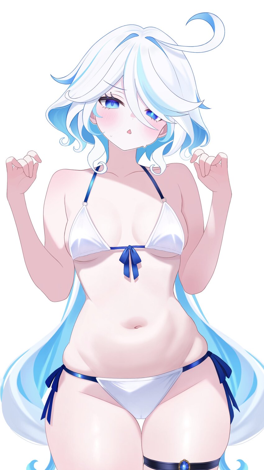 ...? 1girl absurdres ahoge bare_shoulders belly_rub bikini blue_eyes blue_hair blue_pupils blush breasts breasts_apart chestnut_mouth collarbone drop-shaped_pupils fuminshou_(nekopan_art) furina_(genshin_impact) genshin_impact hair_between_eyes hands_up heterochromia highres looking_at_viewer medium_breasts medium_hair multicolored_hair navel side-tie_bikini_bottom simple_background solo stomach streaked_hair swimsuit symbol-shaped_pupils thigh_strap white_background white_bikini white_hair
