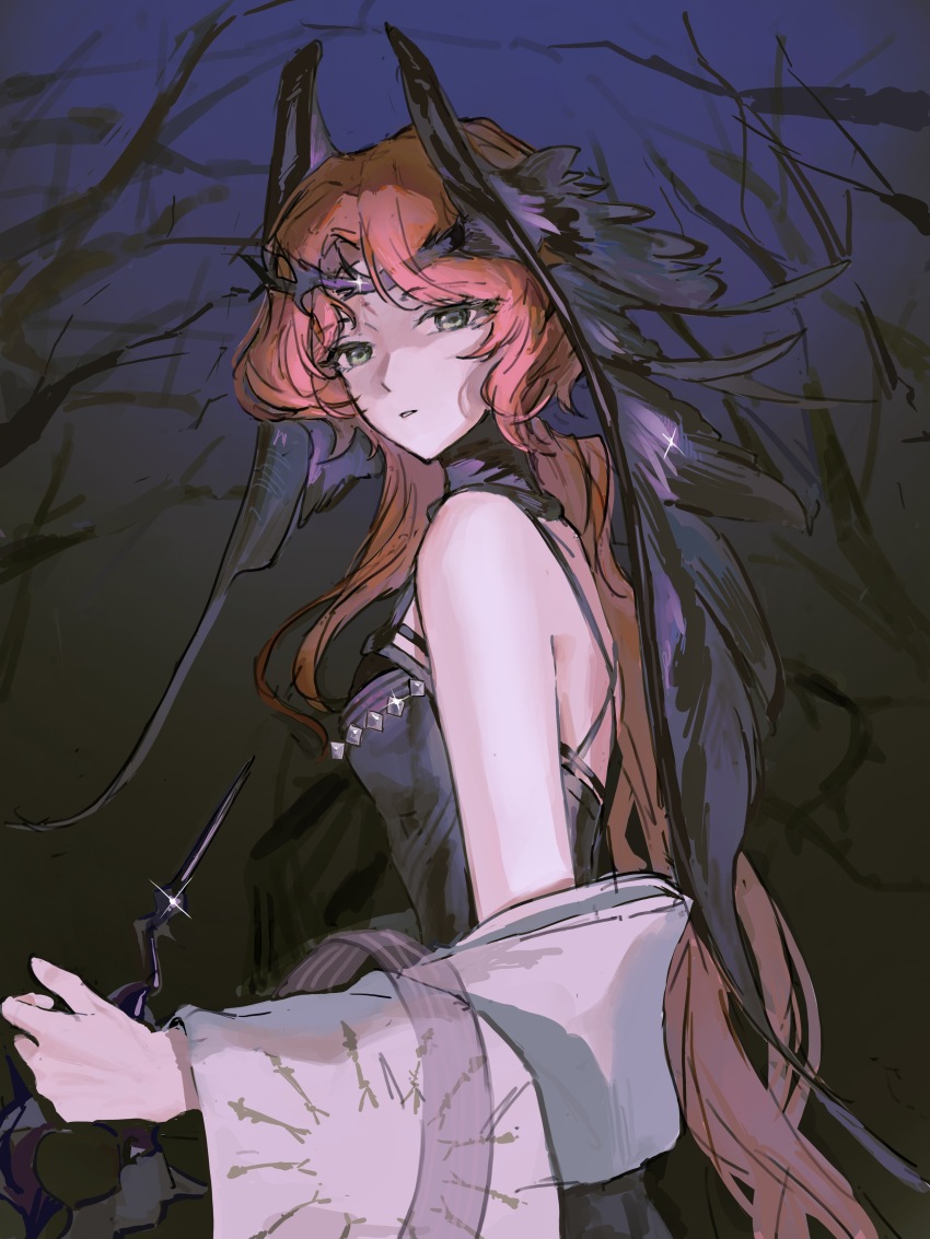 1girl absurdres bare_shoulders bare_tree black_dress black_wings breasts crown_of_thorns dark_background dress druvis_iii druvis_iii_(shrouded_in_thorns) feathered_wings from_side green_eyes head_wings highres long_hair medium_breasts official_alternate_costume orange_hair parted_lips reverse:1999 sleeveless sleeveless_dress solo tree upper_body very_long_hair wings wowowoo