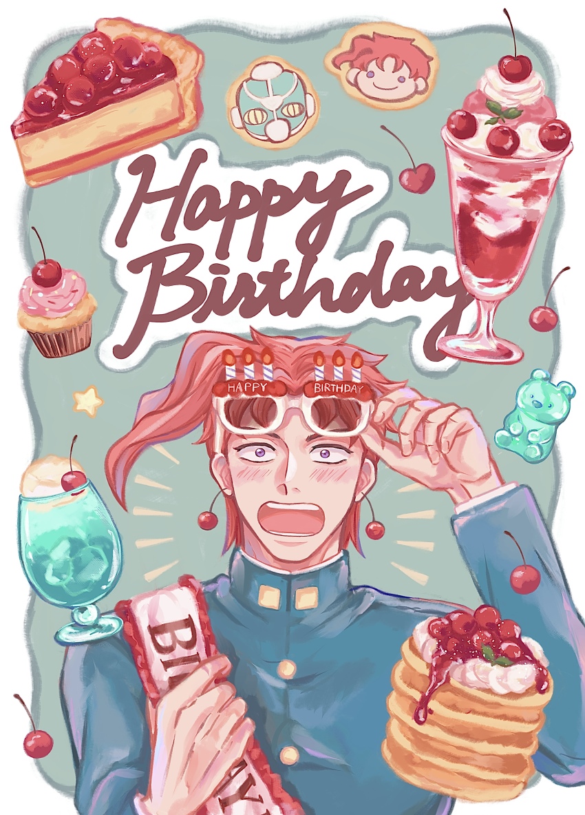 1boy absurdres adjusting_eyewear blush border candy character_cookie cherry cherry_earrings cherry_pie constricted_pupils cookie cream cream_soda cup cupcake drinking_glass earrings eyewear_on_head food food-themed_earrings food_themed_earrings fruit garnish green_background green_gakuran green_jacket gummy_bear happy_birthday hierophant_green highres ice ice_cream ice_cream_float ice_cube jacket jewelry jojo_no_kimyou_na_bouken kakyoin_noriaki long_sleeves male_focus melon_soda notice_lines open_mouth outside_border pancake pancake_stack parted_bangs pie pie_slice purple_eyes red_hair remiii_888 sash short_hair shoulder_sash solo star_(symbol) stardust_crusaders sundae upper_body whipped_cream white-framed_eyewear white_border white_sash
