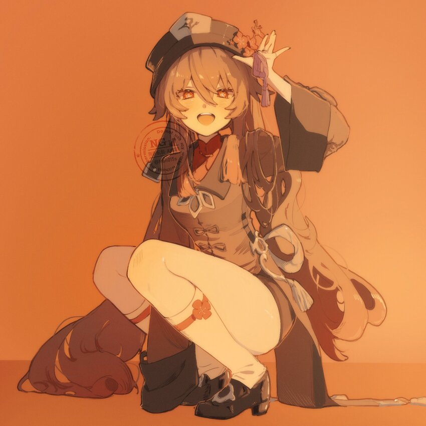 1girl bead_bracelet beads black_hat black_nails bracelet chinese_clothes coattails duplicate flower flower-shaped_pupils genshin_impact ghost_pose hat hat_flower highres hu_tao_(genshin_impact) jewelry man015s multiple_rings open_mouth plum_blossoms porkpie_hat ring symbol-shaped_pupils tailcoat