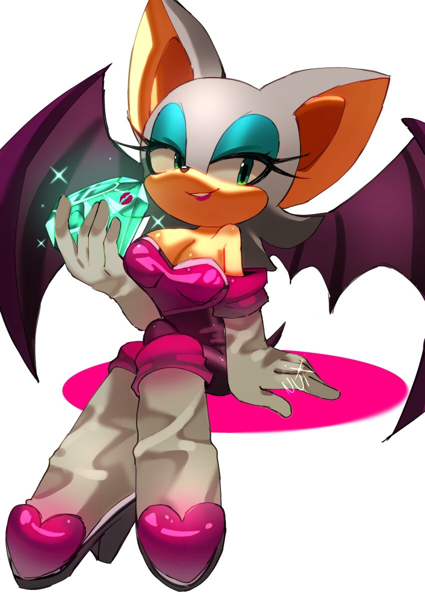 1girl animal_ears animal_nose bat_ears bat_girl bat_wings boots breasts chestplate cleavage crossed_legs curvy elbow_gloves eyeshadow furry furry_female gem gloves green_eyes green_gemstone highres kiss large_breasts large_ears leather lipstick lipstick_mark long_boots looking_at_viewer makeup rouge_the_bat seductive_gaze seductive_smile sega signature simple_background sitting smile sonic_(series) thigh_boots white_background white_gloves wings