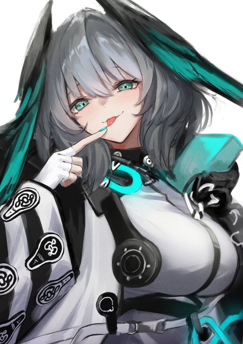 1girl absurdres aqua_eyes aqua_nails arknights blush breasts commentary_request dress finger_to_tongue fingerless_gloves fingernails gloves green_hair grey_hair head_wings highres ho&#039;olheyak_(arknights) large_breasts long_sleeves looking_at_viewer nail_polish nekomatamago short_hair simple_background solo tongue tongue_out white_background white_dress white_gloves wings