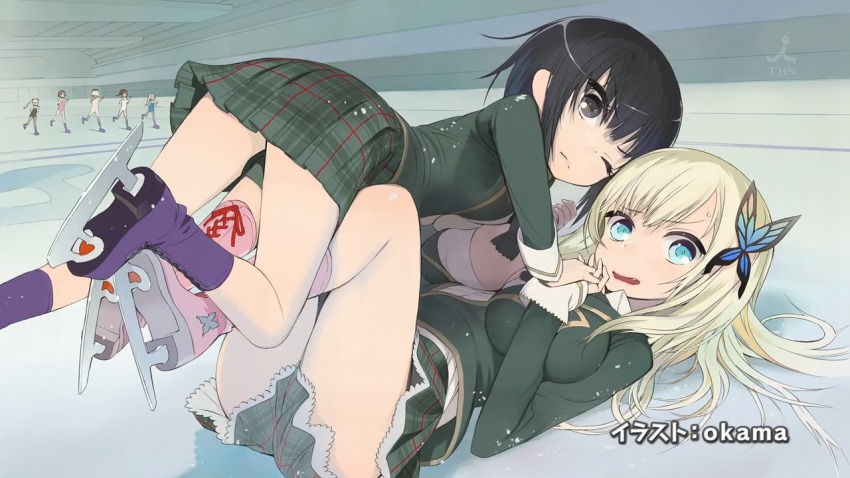 10s 2girls 6+girls anime_screenshot black_hair blonde_hair blue_eyes boku_wa_tomodachi_ga_sukunai breasts bug butterfly butterfly_hair_ornament censored convenient_censoring end_card eyecatch fang hair_ornament hasegawa_kobato heart ice_skates insect kashiwazaki_sena kusunoki_yukimura large_breasts leotard mikazuki_yozora multiple_girls non-web_source okama school_uniform shiguma_rika short_hair skates skating skating_rink takayama_maria watermark