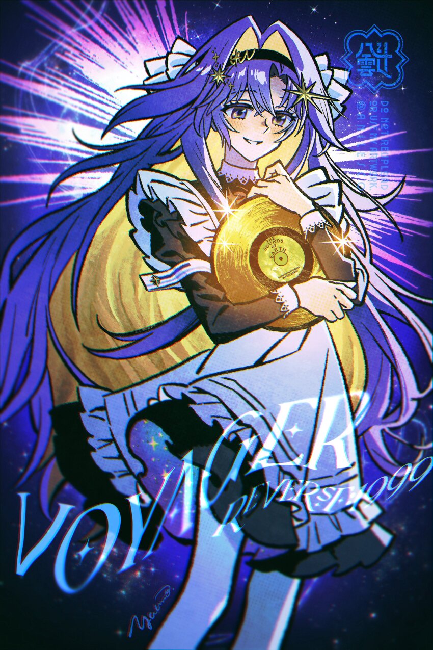 1girl absurdres anilesco apron artist_logo black_hairband blonde_hair blue_background blue_eyes blue_hair character_name colored_inner_hair copyright_name dress feet_out_of_frame frilled_apron frills grin hair_intakes hair_ornament hairband highres holding_record hugging_object logo long_hair multicolored_hair pantyhose reverse:1999 school_uniform short_dress smile solo soviet_school_uniform star_(symbol) star_hair_ornament very_long_hair voyager_(reverse:1999) voyager_golden_record watermark white_apron white_pantyhose