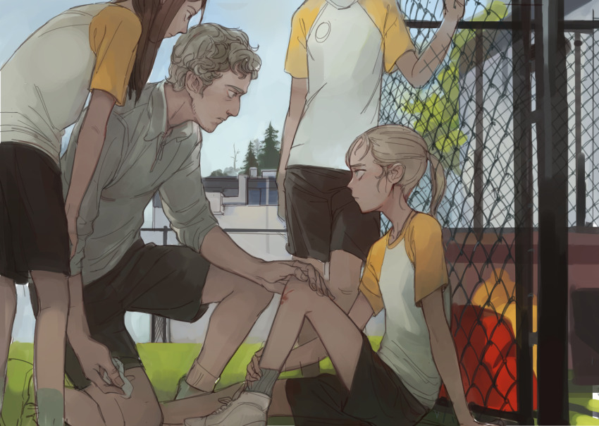 1boy 3girls ankle_socks arm_at_side arm_support arm_up black_shorts blonde_hair blue_eyes brown_hair chain-link_fence closed_mouth day eye_contact feason fence from_side hand_on_another&#039;s_knee hand_on_own_ankle hand_on_own_leg hand_on_own_thigh head_out_of_frame holding injury knee_up kneeling leaning_forward long_hair looking_at_another multiple_girls muted_color nose on_one_knee original outdoors outstretched_leg parted_lips pine_tree ponytail profile protected_link raglan_sleeves ribbed_socks scrape scraped_knee shirt shoelaces shoes short_sleeves shorts sitting sky sleeves_rolled_up sneakers soccer_uniform socks sportswear standing three-quarter_sleeves tree unfinished white_footwear white_shirt wing_collar