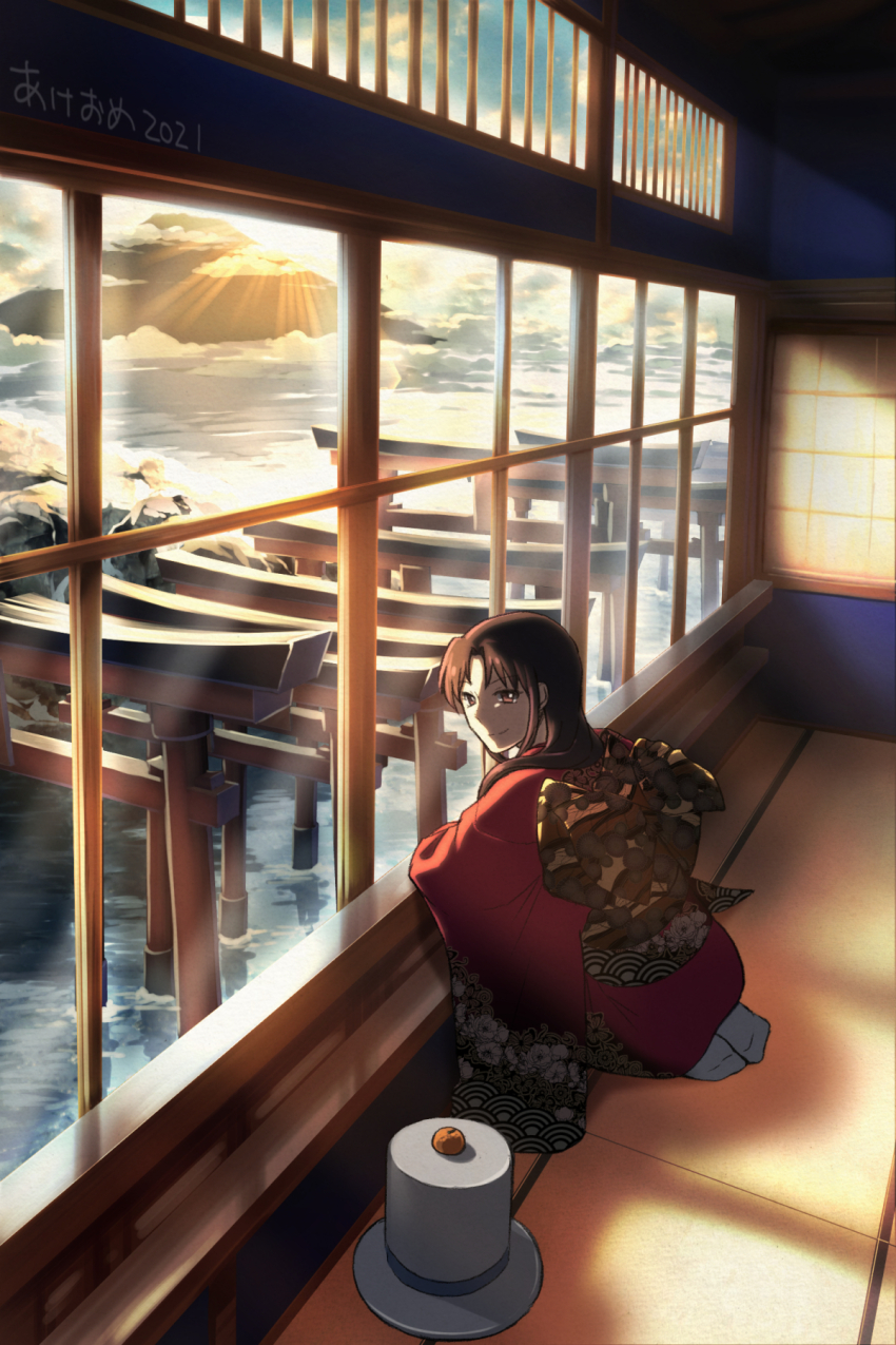 1girl 2021 brown_hair closed_mouth cloud commentary_request food fruit hat highres japanese_clothes kaitou_kid kimono kneeling koizumi_akako long_hair looking_at_viewer looking_back looking_to_the_side magic_kaito mandarin_orange mountain multiple_torii parted_bangs red_eyes red_kimono smile solo top_hat torii unworn_hat unworn_headwear window windowsill xxxxay