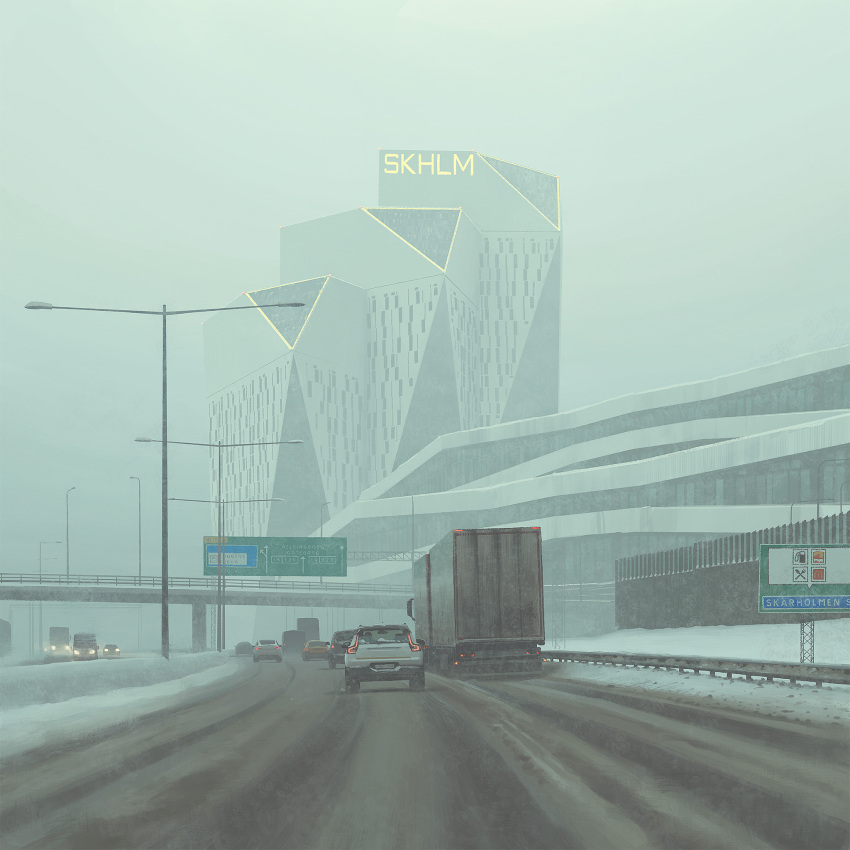 architecture box_truck building car day divided_highway highres highway lamppost motor_vehicle no_humans outdoors road road_sign science_fiction semi_truck sign simon_stalenhag sky sports_utility_vehicle swedish_machines swedish_text traffic trailer truck van