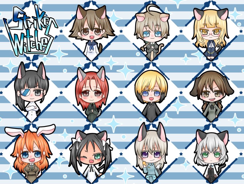 501st_joint_fighter_wing 6+girls animal_ears black_hair black_jacket blonde_hair blue_eyes blue_jay blue_sailor_collar brown_eyes brown_hair cat_ears cat_girl cat_tail charlotte_e._yeager chibi dog_ears dog_girl dog_tail eila_ilmatar_juutilainen erica_hartmann eyepatch fox_ears fox_girl fox_tail francesca_lucchini gertrud_barkhorn green_jacket highres jacket long_hair looking_at_viewer lynette_bishop military military_uniform minna-dietlinde_wilcke miyafuji_yoshika multiple_girls neckerchief okino_shizuku one_eye_closed open_mouth orange_hair perrine_h._clostermann rabbit_ears rabbit_girl rabbit_tail red_eyes red_hair sailor_collar sakamoto_mio sanya_v._litvyak school_uniform short_hair star_(symbol) strike_witches tail upper_body white_hair white_jacket wolf_ears wolf_girl wolf_tail world_witches_series yellow_eyes