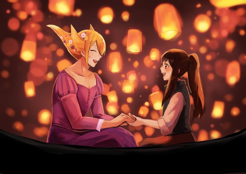 1boy 1girl 96rin_go2 akari_(pokemon) blonde_hair blue_eyes blue_hair boat commentary_request cosplay crossdressing crossover flower flynn_rider flynn_rider_(cosplay) hair_flower hair_ornament highres holding_hands long_hair night nintendo official_alternate_hairstyle pokemon pokemon_legends:_arceus rapunzel_(disney) rapunzel_(disney)_(cosplay) smile tangled volo_(pokemon) watercraft