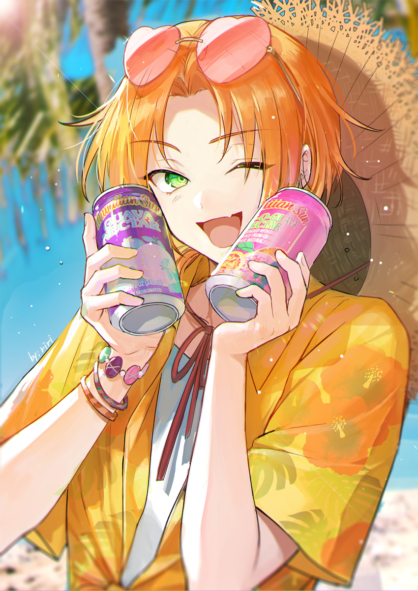 1boy alternate_costume blurry blurry_background bracelet can drink_can ensemble_stars! green_eyes hat hawaiian_shirt heart heart-shaped_eyewear highres holding holding_can jewelry light_particles looking_at_viewer multiple_bracelets one_eye_closed open_mouth orange_hair parted_bangs pink-tinted_eyewear riri_(artist) shirt short_sleeves smile soda_can solo straw_hat tinted_eyewear tsukinaga_leo upper_body