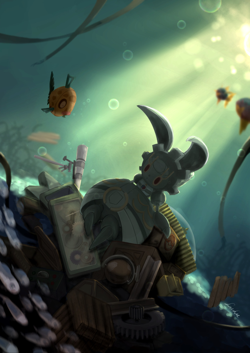 absurdres air_bubble bubble carvanha dappled_sunlight doll driftwood feebas fish gears gen_3_pokemon gen_7_pokemon highres legendary_pokemon littlelluu magearna music_box mythical_pokemon nintendo no_humans pokemon pokemon_(creature) signature sunlight telescope underwear wishiwashi