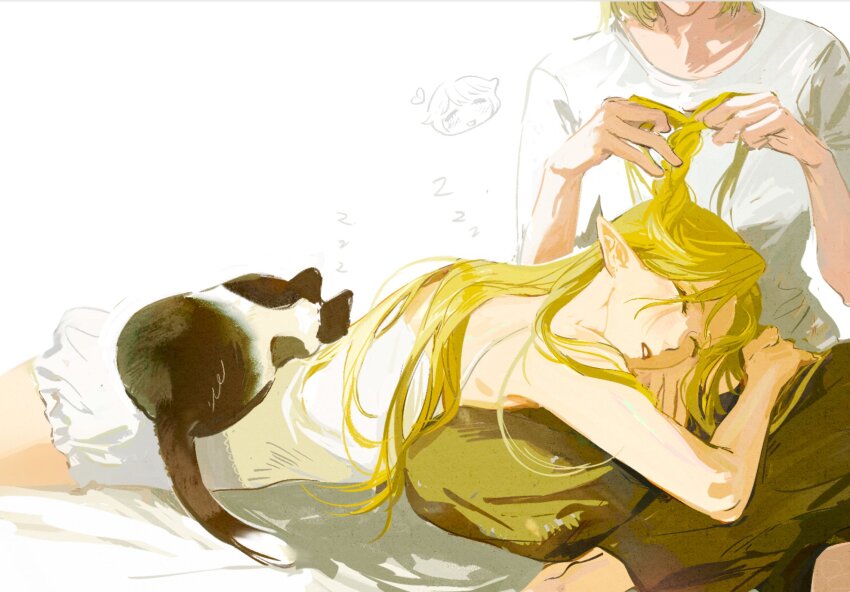 22_(22mimi2434) 2girls alternate_costume blonde_hair braiding_hair brown_pants camisole cat cat_on_person closed_eyes commentary dungeon_meshi elf english_commentary falin_touden falin_touden_(tallman) grey_shorts hairdressing hands_up head_out_of_frame highres indian_style lap_pillow long_hair marcille_donato multiple_girls pants parted_lips pet pointy_ears shirt short_shorts short_sleeves shorts sitting sleeping sleeping_animal t-shirt white_camisole white_shirt yuri