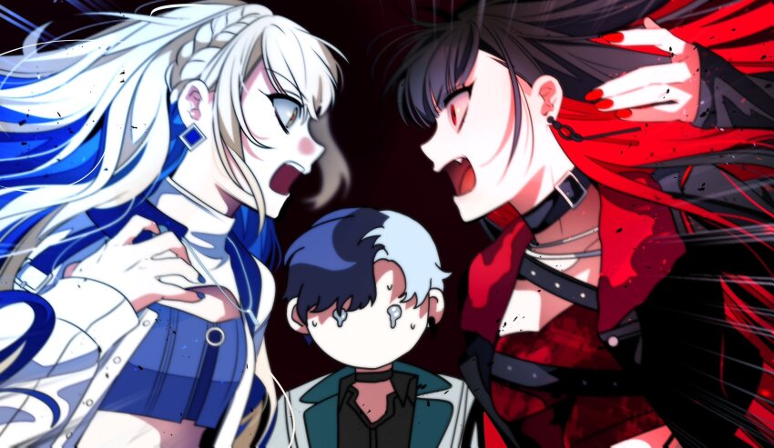1boy 2girls aoyagi_touya azusawa_kohane belt_buckle black_background black_choker black_hair blue_hair blue_nails braid buckle choker dark_blue_hair earrings eye_contact fingernails hand_up highres jewelry lapels long_sleeves looking_at_another midriff multicolored_hair multiple_girls nail_polish newne no_mouth notched_lapels official_alternate_costume official_alternate_hair_color official_alternate_hairstyle open_mouth project_sekai red_hair red_nails shiraishi_an simple_background teeth two-tone_hair upper_body upper_teeth_only whip_the_wimp_girl!!_(project_sekai)