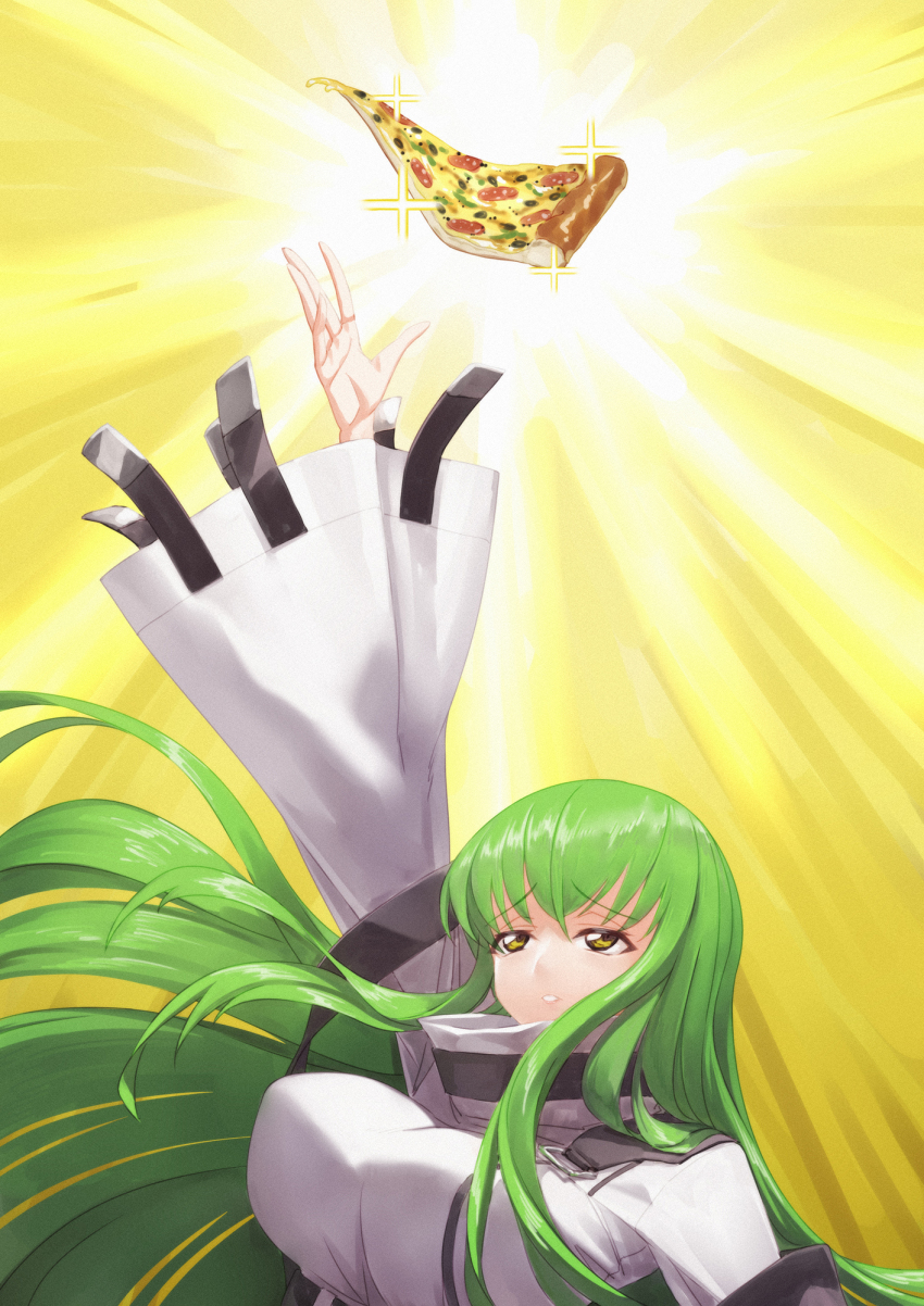 1girl arm_up breasts c.c. code_geass female_focus food green_hair hand_up highres large_breasts long_hair pizza pizza_slice qingmingtongzi tagme yellow_eyes