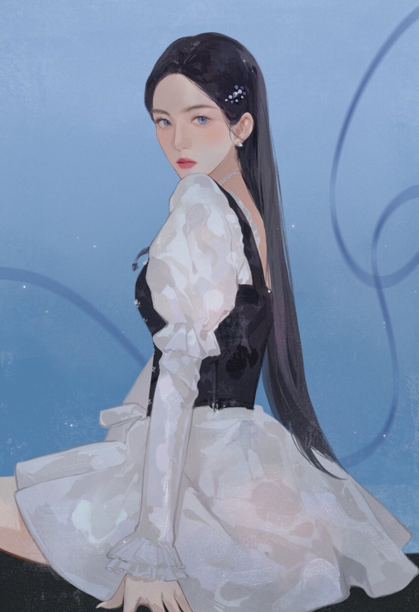 1girl black_hair blue_background blue_eyes closed_mouth commentary earrings feel_my_rhythm_(red_velvet) hair_behind_ear hashtag-only_commentary highres irene_(red_velvet) jewelry k-pop long_hair long_sleeves looking_at_viewer necklace pearl_earrings profile puffy_sleeves real_life red_velvet_(group) sitting solo symbol-only_commentary yuanwei_shaoya