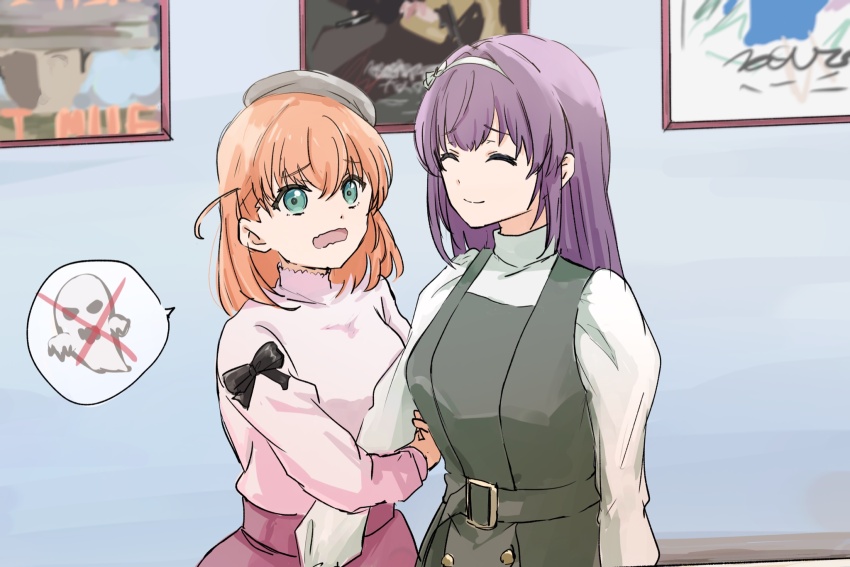 2girls ^_^ arm_hug beret black_bow bow breasts casual closed_eyes closed_mouth crossed_bangs dating dress green_eyes grey_hat hair_between_eyes hair_down hat highres hinoshita_kaho hinoshita_kaho_(first_date) indoors link!_like!_love_live! long_hair long_sleeves looking_at_another love_live! medium_breasts medium_hair movie_poster_(object) movie_theater multiple_girls muneta_(ntani_2) official_alternate_costume open_mouth orange_hair otomune_kozue otomune_kozue_(first_date) pinafore_dress pink_skirt pink_sweater purple_hair scared sidelocks skirt sleeveless sleeveless_dress smile spoken_ghost sweater turtleneck turtleneck_sweater two_side_up upper_body virtual_youtuber white_sweater yuri