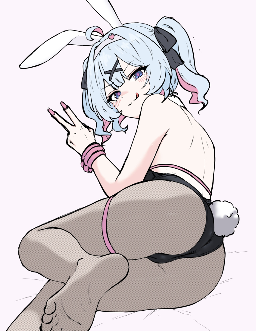 1girl :q ahoge animal_ear_hairband animal_ears arm_up ass bare_shoulders black_leotard black_ribbon blue_eyes blue_hair blush bright_pupils brown_pantyhose cameltoe closed_mouth commentary_request fake_animal_ears fake_tail feet fingernails fishnet_pantyhose fishnets foot_out_of_frame hair_intakes hair_ornament hair_ribbon hairband hatsune_miku heart heart_hair_ornament highres ichimisan leotard looking_at_viewer lying multicolored_hair nail_polish pantyhose pink_background pink_hair pink_nails playboy_bunny rabbit_ear_hairband rabbit_ears rabbit_hole_(vocaloid) rabbit_tail ribbon short_hair simple_background sketch soles solo split_mouth streaked_hair tail toes tongue tongue_out turning_head v vocaloid white_hairband white_pupils white_tail x_hair_ornament