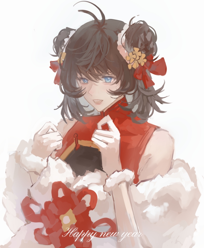 1girl :d absurdres antenna_hair bare_shoulders blue_eyes brown_hair china_dress chinese_clothes chinese_commentary chinese_knot cihe185404 double_bun dress feather_boa female_master_(the_tale_of_food) flower fur_wrist_cuffs hair_between_eyes hair_bun hair_flower hair_ornament hair_ribbon hands_up happy happy_new_year highres looking_ahead medium_hair new_year official_alternate_costume open_mouth red_dress red_ribbon ribbon simple_background sleeveless sleeveless_dress smile teeth the_tale_of_food upper_body upper_teeth_only white_background wrist_cuffs
